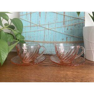 2- Pink Swirl Rosaline Tea Cup and 2 Saucers (5 1/4)~ Arcoroc France Depression
